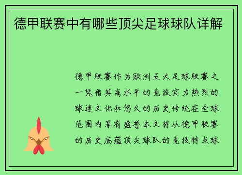 德甲联赛中有哪些顶尖足球球队详解