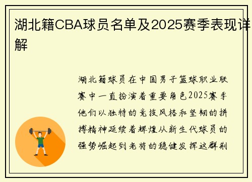 湖北籍CBA球员名单及2025赛季表现详解
